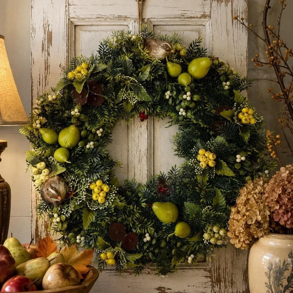 Vintage Fall Wreath Faux Pears Berries Feather Birds Greenery Autumn Decor